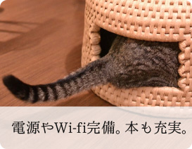 電源やWi-fi完備。本も充実。